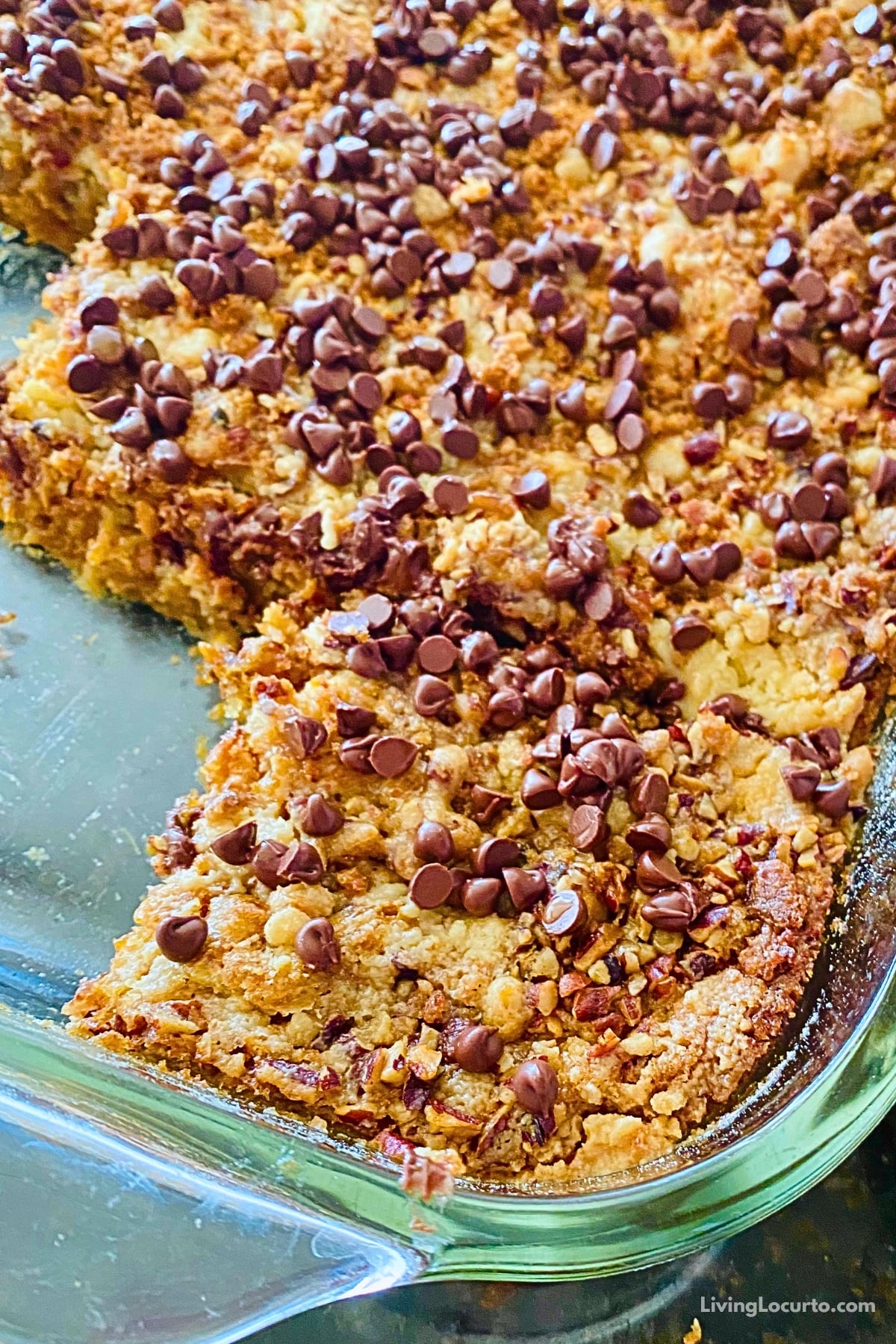 Pumpkin Dump Cake topped with chocolate chips and a rich caramel drizzle.