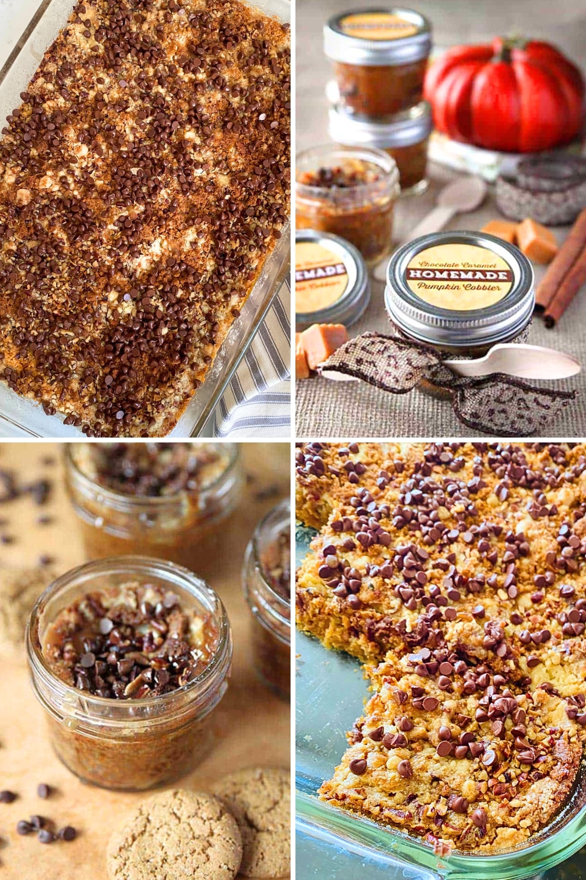 Pumpkin Dump Cake with Chocolate 3 Pumpkin Dump Cake topped with chocolate chips and a rich caramel drizzle.