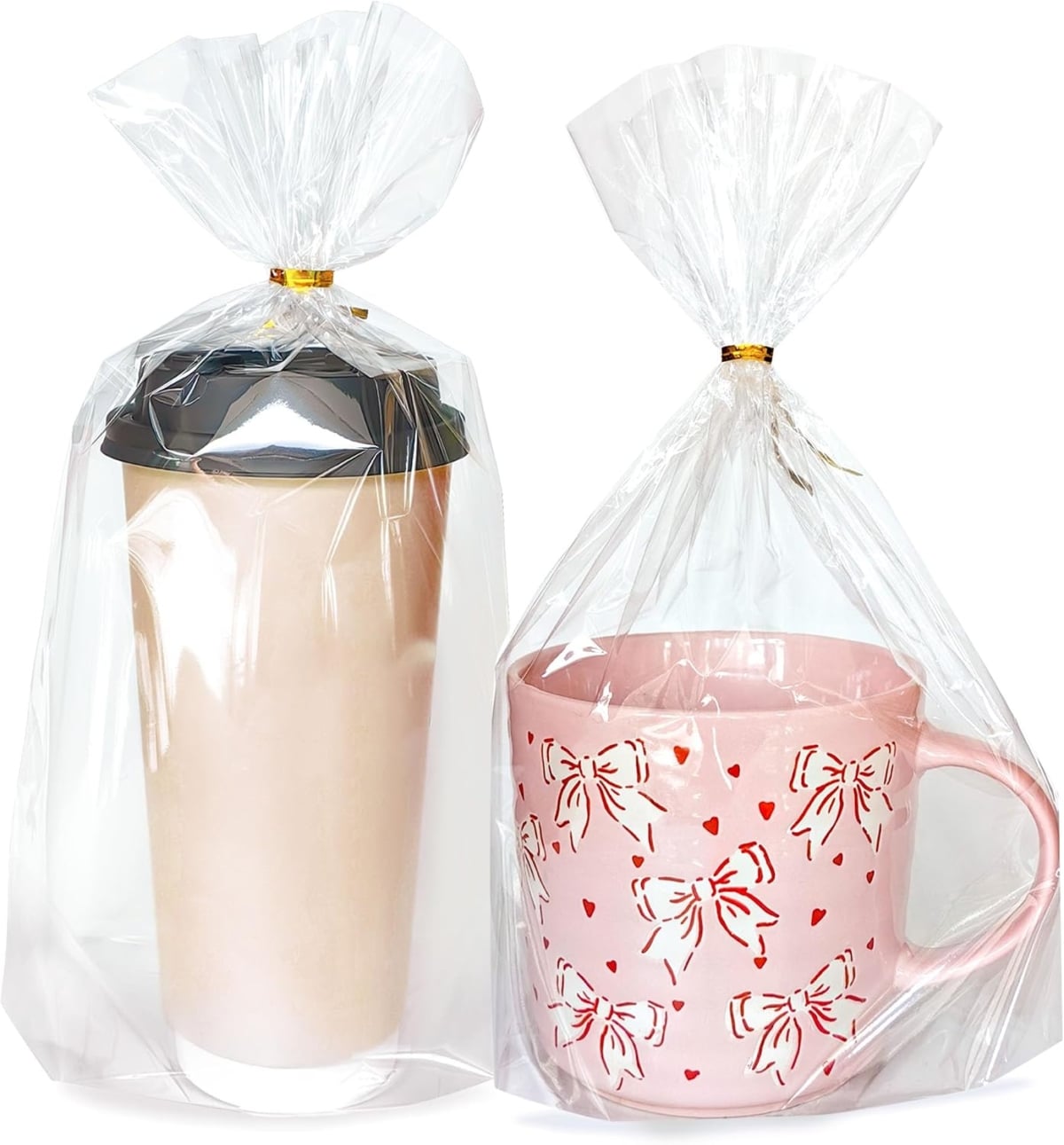 clear bags wrapped around cups for gifts